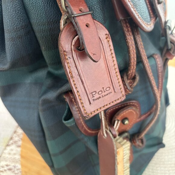 RARE Vintage Polo Ralph Lauren Blackwatch Tartan Plaid Backpack/Bag Leather Trim - Picture 4 of 12